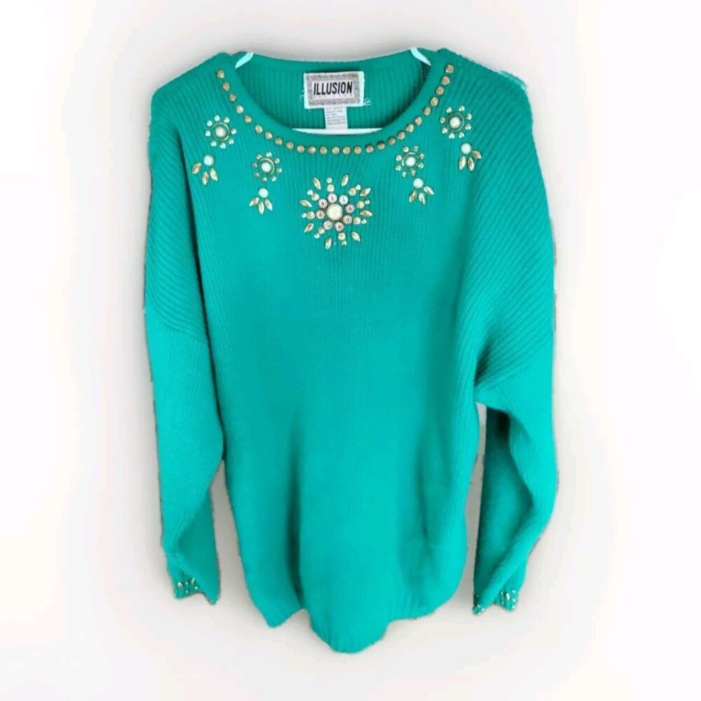 Vintage Illusion Art Wear Women's Green Sweater Embellished Beaded Rhinestones